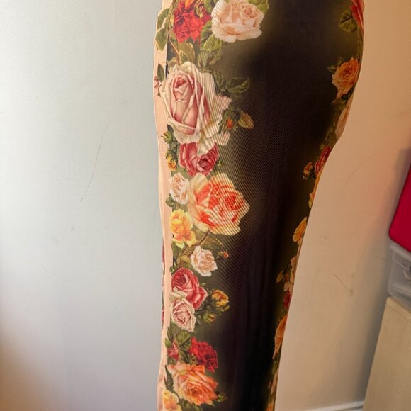 Neutral Floral Bodycon Skirt S | Black & Orange Fall Stretch - Picture 3 of 4